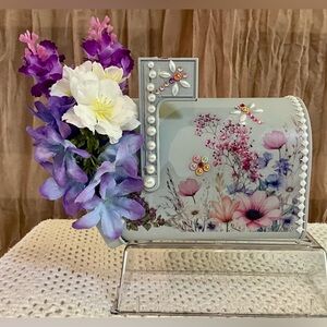 Handmade Floral Decorative Tin  Mailbox with Purple and White Accents